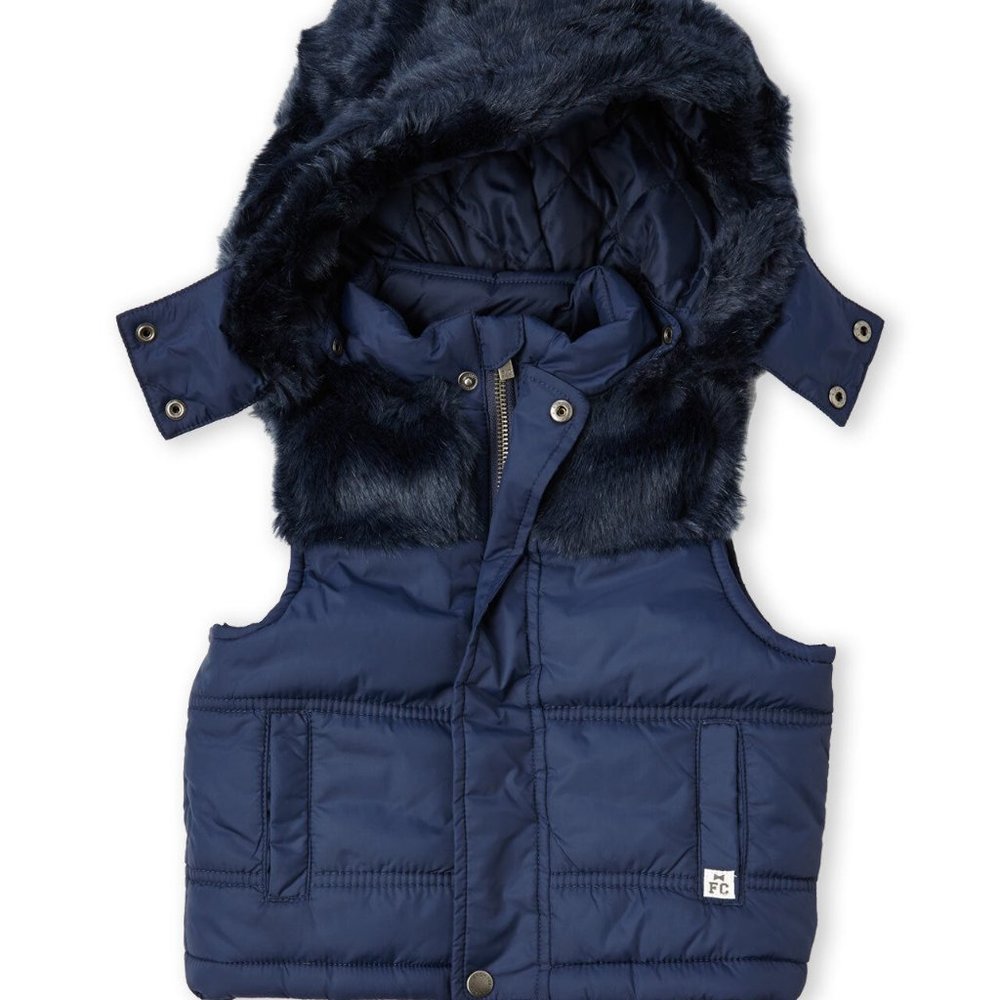 NWT FRENCH CONNECTION Girl Navy Blue Faux Fur Trim Hooded Puffer Vest Sz 16